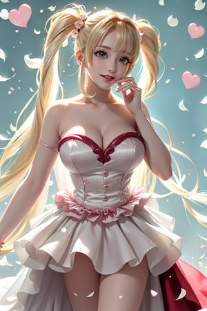 Here's a prompt that captures the essence of this breathtaking scene:

Stunning idol pose: Frontal, all fours position, pink frilled wedding dress showcasing exposed breasts with cascading blond hair, heart-shaped twintails, and sparkling gems. Warm movie lighting accentuates large breasts, glowing under neon-lit stage with confetti and hearts floating in air. Idol's sweet smile radiates with blush as she points, sweat glistening on skin. Framing spotlight highlights white stockings, ruffled dress, and intricate hair accessories amidst blurred floral patterns and music notes background. Ryuubi-style cross laces adorn underbust, lifting skirt to reveal stunning physique.