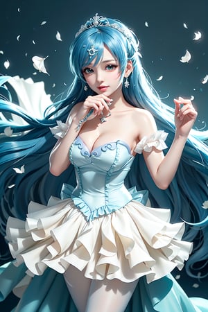 Here's a prompt that captures the essence of this vivid description:

Create an image of an idol in a daring pose on a stage lit by warm movie lighting and neon lights. She wears a revealing blue frilled wedding dress with long blue hair adorned with gems. Her breasts are showcased with cleavage, glistening with sweat as she points with one hand while her other arm rests on the stage. The spotlight highlights her figure, white stockings, and intricate hair accessories against a blurred background of floral patterns and music notes. Ryuubi-style cross laces adorn her underbust, lifting her skirt to reveal more of her stunning physique. The overall effect should be visually stunning, with high-quality details and a sense of movement.