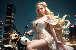 A sultry urban goddess astride a powerful motorcycle, bathed in vibrant neon city glow, confidently strikes a pose amidst towering skyscrapers. Neon hues illuminate the blue-pink frilled wedding dress clinging to her curves, showcasing the Wizard's hat-adorned bangs and off-shoulder design. blond long hair cascade down like a river, framing her striking features and golden hair flowing behind her. Piercing blue eyes gleam with mischief as she confronts the viewer beneath an ornate hair ornament on her flowing locks. City lights accentuate her features, highlighting a sugary sweet sensuality in this Sugimori Ken-inspired art piece.