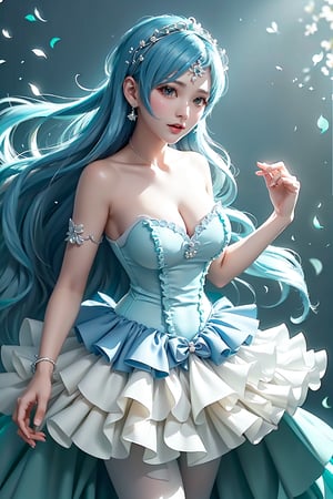 Here's a prompt that captures the essence of this vivid description:

Create an image of an idol in a daring pose on a stage lit by warm movie lighting and neon lights. She wears a revealing blue frilled wedding dress with long blue hair adorned with gems. Her breasts are showcased with cleavage, glistening with sweat as she points with one hand while her other arm rests on the stage. The spotlight highlights her figure, white stockings, and intricate hair accessories against a blurred background of floral patterns and music notes. Ryuubi-style cross laces adorn her underbust, lifting her skirt to reveal more of her stunning physique. The overall effect should be visually stunning, with high-quality details and a sense of movement.