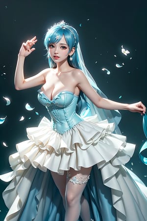 Here's a prompt that captures the essence of this vivid description:

Create an image of an idol in a daring pose on a stage lit by warm movie lighting and neon lights. She wears a revealing blue frilled wedding dress with long blue hair adorned with gems. Her breasts are showcased with cleavage, glistening with sweat as she points with one hand while her other arm rests on the stage. The spotlight highlights her figure, white stockings, and intricate hair accessories against a blurred background of floral patterns and music notes. Ryuubi-style cross laces adorn her underbust, lifting her skirt to reveal more of her stunning physique. The overall effect should be visually stunning, with high-quality details and a sense of movement.