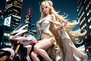 A sultry urban goddess astride a powerful motorcycle, bathed in vibrant neon city glow, confidently strikes a pose amidst towering skyscrapers. Neon hues illuminate the blue-pink frilled wedding dress clinging to her curves, showcasing the Wizard's hat-adorned bangs and off-shoulder design. blond long hair cascade down like a river, framing her striking features and golden hair flowing behind her. Piercing blue eyes gleam with mischief as she confronts the viewer beneath an ornate hair ornament on her flowing locks. City lights accentuate her features, highlighting a sugary sweet sensuality in this Sugimori Ken-inspired art piece.