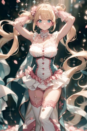 Here is a coherent and descriptive prompt for the described image: A close-up shot of a majestic idol standing on stage amidst confetti and hearts, with her big aqua eyes sparkling as she poses sweetly beneath her pink frilled wedding dress. The camera focuses on her underbust design accentuating large breasts, framed by delicate lace details. Her blond heart-shaped twintails adorned with gems and jewelry cascade down. As Skirt fluttering violently, showcasing her perfectly proportioned face and tantalizing physique, a glimpse of silk panties with lace-trimmed 2.0 is revealed underneath the flowing fabric.,hmnl,floral dress, simple background, flower, twintails, blue eyes, long hair,