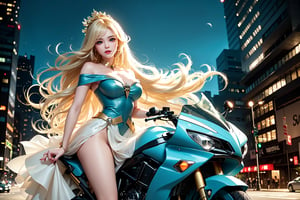 A sultry urban goddess astride a powerful motorcycle, bathed in vibrant neon city glow, confidently strikes a pose amidst towering skyscrapers. Neon hues illuminate the blue-pink frilled wedding dress clinging to her curves, showcasing the Wizard's hat-adorned bangs and off-shoulder design. blond long hair cascade down like a river, framing her striking features and golden hair flowing behind her. Piercing blue eyes gleam with mischief as she confronts the viewer beneath an ornate hair ornament on her flowing locks. City lights accentuate her features, highlighting a sugary sweet sensuality in this Sugimori Ken-inspired art piece.