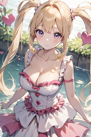 (Masterpiece), best quality, high resolution, highly detailed, She has blond long hair, Heart-shaped twintails, large breasts, cleavage. She wears torn pink frilled weeding dress