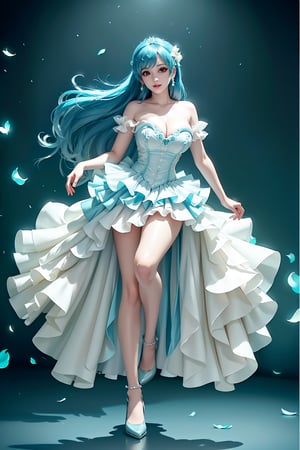 Here's a prompt that captures the essence of this vivid description:

Create an image of an idol in a daring pose on a stage lit by warm movie lighting and neon lights. She wears a revealing blue frilled wedding dress with long blue hair adorned with gems. Her breasts are showcased with cleavage, glistening with sweat as she points with one hand while her other arm rests on the stage. The spotlight highlights her figure, white stockings, and intricate hair accessories against a blurred background of floral patterns and music notes. Ryuubi-style cross laces adorn her underbust, lifting her skirt to reveal more of her stunning physique. The overall effect should be visually stunning, with high-quality details and a sense of movement.