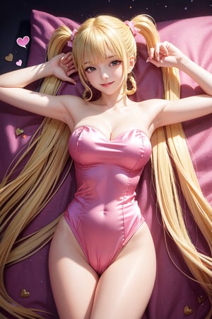 (( lying on back sleeping, Perfect body, one piece silk leotard, blond very long hair, Heart-shaped twintails, Strapless 2.0)), 1girl, solo, looking at viewer, blush, smile, bangs, large breasts, bow, cleavage, bare shoulders, yellow eyes, standing, collarbone, thighs, cowboy shot, parted lips, bare arms, thigh gap, 