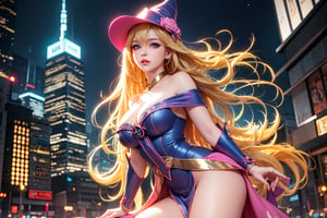 A sultry urban goddess astride a big powerful motorcycle, bathed in vibrant neon city glow, confidently strikes a pose amidst towering skyscrapers. Neon hues illuminate the blue-pink frilled wedding dress clinging to her curves, showcasing the Wizard's hat-adorned bangs and off-shoulder design. blond long hair cascade down like a river, framing her striking features and golden hair flowing behind her. Piercing blue eyes gleam with mischief as she confronts the viewer beneath an ornate hair ornament on her flowing locks. City lights accentuate her features, highlighting a sugary sweet sensuality in this Sugimori Ken-inspired art piece.