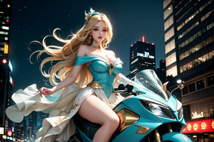 A sultry urban goddess astride a powerful motorcycle, bathed in vibrant neon city glow, confidently strikes a pose amidst towering skyscrapers. Neon hues illuminate the blue-pink frilled wedding dress clinging to her curves, showcasing the Wizard's hat-adorned bangs and off-shoulder design. blond long hair cascade down like a river, framing her striking features and golden hair flowing behind her. Piercing blue eyes gleam with mischief as she confronts the viewer beneath an ornate hair ornament on her flowing locks. City lights accentuate her features, highlighting a sugary sweet sensuality in this Sugimori Ken-inspired art piece.