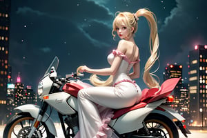 A sultry urban goddess astride a powerful motorcycle, bathed in neon city glow, strikes a confident pose amidst skyscrapers. Heart-shaped twintails cascade down her back like a river, framing her striking features. A pink frilled wedding dress clings to her curves, showcasing golden hair flowing behind her. Piercing blue eyes gleam with mischief, as she confronts the viewer beneath an off-shoulder design and Wizard's hat-adorned bangs. City lights accentuate her features, highlighting a hair ornament on her flowing locks, exuding confidence and sensuality in this Sugimori Ken-inspired art piece.