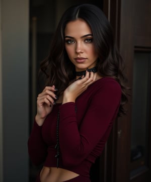 Generate hyper-realistic, hyper detailed image of a beautiful young woman of 28 yrs, with wavy brown-black hair and soft delicate skin,  

A female model dressed in A deep burgundy habit with a leather choker, standing with one hand resting on her chin, the other draped casually over a rosary as she leans against a wall, her gaze intense and lips slightly parted, She has a bold, piercing gaze, embodying fierce confidence and sensuality.
The camera captures her in a half-body shot with a 35mm lens, focusing on the young woman's beauty, the details of her outfit and the surrounding environment. The lighting contrasts with the dark areas of poorly lit area of picture. 
The image has an 8K resolution, which highlights the details of the background and the textures of the young woman's outfit, ek_ph0t0_b00ster