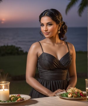 Generate a hyper-realistic image of a healthy Indian woman, 28 years old, with wavy black-brown hair styled in a ponytail,  she is 

enjoying a romantic dinner under the stars, reminiscent of a scene in Thunderball. She is dressed in an elegant, flowing dress, with soft, warm lighting illuminating her face. The table is beautifully set with fine china and candles, and the backdrop features a serene ocean view, capturing the magic and romance of the moment.
The image constitutes 8k uhd, dslr, soft lighting, high quality, film grain, Fujifilm XT3 lens.
