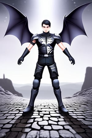 The animated version of Batman that belongs to the movie "Justice League x RWBY: Super Heroes & Huntsmen - Part 1" (He does have black hair, dark blue eyes, black pants, gray boots, gray metal knee pads, a gray breastplate with a black bat symbol on the front and underneath, a black long-sleeved t-shirt, black metal bat-shaped shoulder pads, gray armbands with 3 side blades on the sides, gloves blacks, a gray scarf, a gray utility belt and the age of 17), where Batman/Bruce Wayne is a "Bat Faunus" (Human being with two oversized black bat wings emerging from his back), in a landscape night with bats flying around.,DonM3lv3nM4g1cXL