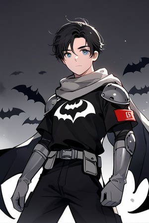 The animated version of Batman that belongs to the movie "Justice League x RWBY: Super Heroes & Huntsmen - Part 1" (He does have black hair, dark blue eyes, black pants, gray boots, gray metal knee pads, a gray breastplate with a black bat symbol on the front and underneath, a black long-sleeved t-shirt, black metal bat-shaped shoulder pads, gray armbands with 3 side blades on the sides, gloves blacks, a gray scarf, a gray utility belt and the age of 17), where Batman/Bruce Wayne is a "Bat Faunus" (Human being with two oversized black bat wings emerging from his back), in a landscape night with bats flying around.,(Pencil_Sketch:1.2