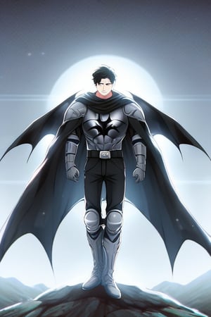 The animated version of Batman that belongs to the movie "Justice League x RWBY: Super Heroes & Huntsmen - Part 1" (He does have black hair, dark blue eyes, black pants, gray boots, gray metal knee pads, a gray breastplate with a black bat symbol on the front and underneath, a black long-sleeved t-shirt, black metal bat-shaped shoulder pads, gray armbands with 3 side blades on the sides, gloves blacks, a gray scarf, a gray utility belt and the age of 17), where Batman/Bruce Wayne is a "Bat Faunus" (Human being with two oversized black bat wings emerging from his back), in a landscape night with bats flying around.