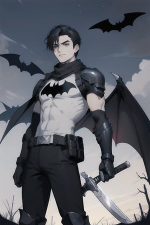 The animated version of Batman that belongs to the movie "Justice League x RWBY: Super Heroes & Huntsmen - Part 1" (He has black hair, dark blue eyes, black pants, gray boots with metal armor along them up to the knees, a gray breastplate with a black bat symbol on the chest and underneath, a black long-sleeved t-shirt, black metal bat-shaped shoulder pads, gray armbands with 3 side blades on the sides, black gloves, a gray scarf, a gray utility belt, 2 rapier type swords and the age of 17), where Batman/Bruce Wayne is a "Bat Faunus" (Human being with two huge black bat wings emerging from his back), in a landscape night with bats flying around.