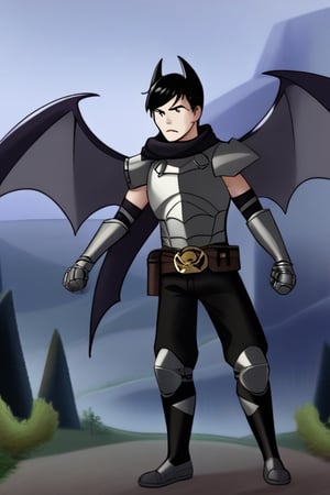 The animated version of Batman that belongs to the movie "Justice League x RWBY: Super Heroes & Huntsmen - Part 1" (He does have black hair, dark blue eyes, black pants, gray boots, gray metal knee pads, a gray breastplate with a black bat symbol on the front and underneath, a black long-sleeved t-shirt, black metal bat-shaped shoulder pads, gray armbands with 3 side blades on the sides, gloves blacks, a gray scarf, a gray utility belt and the age of 17), where Batman/Bruce Wayne is a "Bat Faunus" (Human being with two oversized black bat wings emerging from his back), in a landscape night.