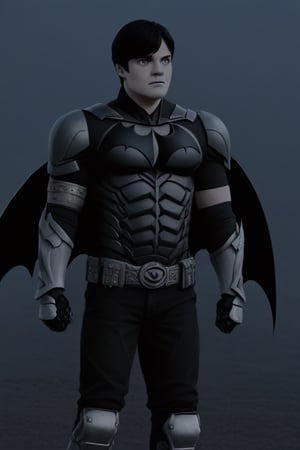 The animated version of Batman that belongs to the movie "Justice League x RWBY: Super Heroes & Huntsmen - Part 1" (He does have black hair, dark blue eyes, black pants, gray boots, gray metal knee pads, a gray breastplate with a black bat symbol on the front and underneath, a black long-sleeved t-shirt, black metal bat-shaped shoulder pads, gray armbands with 3 side blades on the sides, gloves blacks, a gray scarf, a gray utility belt and the age of 17), where Batman/Bruce Wayne is a "Bat Faunus" (Human being with two oversized black bat wings emerging from his back), in a landscape night.