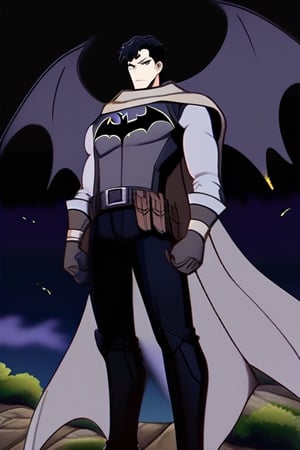 The animated version of Batman that belongs to the movie "Justice League x RWBY: Super Heroes & Huntsmen - Part 1" (He does have black hair, dark blue eyes, black pants, gray boots, gray metal knee pads, a gray breastplate with a black bat symbol on the front and underneath, a black long-sleeved t-shirt, black metal bat-shaped shoulder pads, gray armbands with 3 side blades on the sides, gloves blacks, a gray scarf, a gray utility belt and the age of 17), where Batman/Bruce Wayne is a "Bat Faunus" (Human being with two oversized black bat wings emerging from his back), in a landscape night.