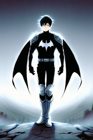 The animated version of Batman that belongs to the movie "Justice League x RWBY: Super Heroes & Huntsmen - Part 1" (He does have black hair, dark blue eyes, black pants, gray boots, gray metal knee pads, a gray breastplate with a black bat symbol on the front and underneath, a black long-sleeved t-shirt, black metal bat-shaped shoulder pads, gray armbands with 3 side blades on the sides, gloves blacks, a gray scarf, a gray utility belt and the age of 17), where Batman/Bruce Wayne is a "Bat Faunus" (Human being with two oversized black bat wings emerging from his back), in a landscape night with bats flying around.