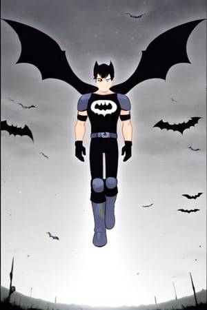 The animated version of Batman that belongs to the movie "Justice League x RWBY: Super Heroes & Huntsmen - Part 1" (He does have black hair, dark blue eyes, black pants, gray boots, gray metal knee pads, a gray breastplate with a black bat symbol on the front and underneath, a black long-sleeved t-shirt, black metal bat-shaped shoulder pads, gray armbands with 3 side blades on the sides, gloves blacks, a gray scarf, a gray utility belt and the age of 17), where Batman/Bruce Wayne is a "Bat Faunus" (Human being with two oversized black bat wings emerging from his back), in a landscape night with bats flying around..