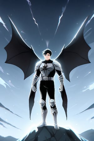 The animated version of Batman that belongs to the movie "Justice League x RWBY: Super Heroes & Huntsmen - Part 1" (He does have black hair, dark blue eyes, black pants, gray boots, gray metal knee pads, a gray breastplate with a black bat symbol on the front and underneath, a black long-sleeved t-shirt, black metal bat-shaped shoulder pads, gray armbands with 3 side blades on the sides, gloves blacks, a gray scarf, a gray utility belt and the age of 17), where Batman/Bruce Wayne is a "Bat Faunus" (Human being with two oversized black bat wings emerging from his back), in a landscape night with bats flying around.