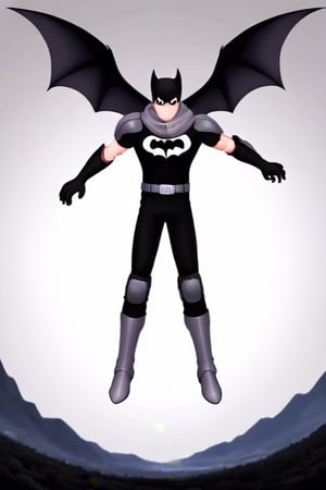 The animated version of Batman that belongs to the movie "Justice League x RWBY: Super Heroes & Huntsmen - Part 1" (He does have black hair, dark blue eyes, black pants, gray boots, gray metal knee pads, a gray breastplate with a black bat symbol on the front and underneath, a black long-sleeved t-shirt, black metal bat-shaped shoulder pads, gray armbands with 3 side blades on the sides, gloves blacks, a gray scarf, a gray utility belt and the age of 17), where Batman/Bruce Wayne is a "Bat Faunus" (Human being with two oversized black bat wings emerging from his back), in a landscape night with bats flying around..