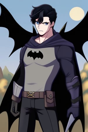 The animated version of Batman that belongs to the movie "Justice League x RWBY: Super Heroes & Huntsmen - Part 1" (He does have black hair, dark blue eyes, black pants, gray boots, gray metal knee pads, a gray breastplate with a black bat symbol on the front and underneath, a black long-sleeved t-shirt, black metal bat-shaped shoulder pads, gray armbands with 3 side blades on the sides, gloves blacks, a gray scarf, a gray utility belt and the age of 17), where Batman/Bruce Wayne is a "Bat Faunus" (Human being with two oversized black bat wings emerging from his back), in a landscape night.