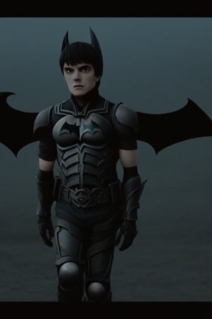 The animated version of Batman that belongs to the movie "Justice League x RWBY: Super Heroes & Huntsmen - Part 1" (He does have black hair, dark blue eyes, black pants, gray boots, gray metal knee pads, a gray breastplate with a black bat symbol on the front and underneath, a black long-sleeved t-shirt, black metal bat-shaped shoulder pads, gray armbands with 3 side blades on the sides, gloves blacks, a gray scarf, a gray utility belt and the age of 17), where Batman/Bruce Wayne is a "Bat Faunus" (Human being with two oversized black bat wings emerging from his back), in a landscape night.,Movie Still
