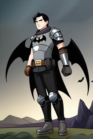 The animated version of Batman that belongs to the movie "Justice League x RWBY: Super Heroes & Huntsmen - Part 1" (He does have black hair, dark blue eyes, black pants, gray boots, gray metal knee pads, a gray breastplate with a black bat symbol on the front and underneath, a black long-sleeved t-shirt, black metal bat-shaped shoulder pads, gray armbands with 3 side blades on the sides, gloves blacks, a gray scarf, a gray utility belt and the age of 17), where Batman/Bruce Wayne is a "Bat Faunus" (Human being with two oversized black bat wings emerging from his back), in a landscape night.