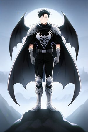 The animated version of Batman that belongs to the movie "Justice League x RWBY: Super Heroes & Huntsmen - Part 1" (He does have black hair, dark blue eyes, black pants, gray boots, gray metal knee pads, a gray breastplate with a black bat symbol on the front and underneath, a black long-sleeved t-shirt, black metal bat-shaped shoulder pads, gray armbands with 3 side blades on the sides, gloves blacks, a gray scarf, a gray utility belt and the age of 17), where Batman/Bruce Wayne is a "Bat Faunus" (Human being with two oversized black bat wings emerging from his back), in a landscape night with bats flying around.