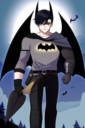 The animated version of Batman that belongs to the movie "Justice League x RWBY: Super Heroes & Huntsmen - Part 1" (He does have black hair, dark blue eyes, black pants, gray boots, gray metal knee pads, a gray breastplate with a black bat symbol on the front and underneath, a black long-sleeved t-shirt, black metal bat-shaped shoulder pads, gray armbands with 3 side blades on the sides, gloves blacks, a gray scarf, a gray utility belt and the age of 17), where Batman/Bruce Wayne is a "Bat Faunus" (Human being with two oversized black bat wings emerging from his back), in a landscape night.