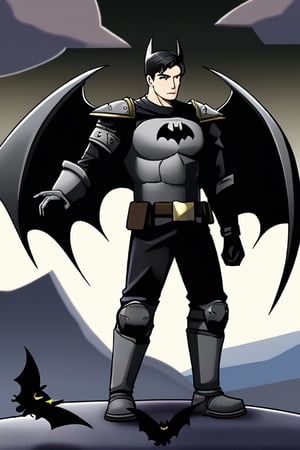 The animated version of Batman that belongs to the movie "Justice League x RWBY: Super Heroes & Huntsmen - Part 1" (He does have black hair, dark blue eyes, black pants, gray boots, gray metal knee pads, a gray breastplate with a black bat symbol on the front and underneath, a black long-sleeved t-shirt, black metal bat-shaped shoulder pads, gray armbands with 3 side blades on the sides, gloves blacks, a gray scarf, a gray utility belt and the age of 17), where Batman/Bruce Wayne is a "Bat Faunus" (Human being with two oversized black bat wings emerging from his back), in a landscape night.