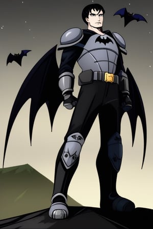 The animated version of Batman that belongs to the movie "Justice League x RWBY: Super Heroes & Huntsmen - Part 1" (He does have black hair, dark blue eyes, black pants, gray boots, gray metal knee pads, a gray breastplate with a black bat symbol on the front and underneath, a black long-sleeved t-shirt, black metal bat-shaped shoulder pads, gray armbands with 3 side blades on the sides, gloves blacks, a gray scarf, a gray utility belt and the age of 17), where Batman/Bruce Wayne is a "Bat Faunus" (Human being with two oversized black bat wings emerging from his back), in a landscape night.,yuuji_itadori