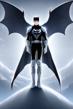 The animated version of Batman that belongs to the movie "Justice League x RWBY: Super Heroes & Huntsmen - Part 1" (He does have black hair, dark blue eyes, black pants, gray boots, gray metal knee pads, a gray breastplate with a black bat symbol on the front and underneath, a black long-sleeved t-shirt, black metal bat-shaped shoulder pads, gray armbands with 3 side blades on the sides, gloves blacks, a gray scarf, a gray utility belt and the age of 17), where Batman/Bruce Wayne is a "Bat Faunus" (Human being with two oversized black bat wings emerging from his back), in a landscape night with bats flying around,