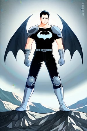 The animated version of Batman that belongs to the movie "Justice League x RWBY: Super Heroes & Huntsmen - Part 1" (He does have black hair, dark blue eyes, black pants, gray boots, gray metal knee pads, a gray breastplate with a black bat symbol on the front and underneath, a black long-sleeved t-shirt, black metal bat-shaped shoulder pads, gray armbands with 3 side blades on the sides, gloves blacks, a gray scarf, a gray utility belt and the age of 17), where Batman/Bruce Wayne is a "Bat Faunus" (Human being with two oversized black bat wings emerging from his back), in a landscape night with bats flying around.