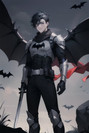 The animated version of Batman that belongs to the movie "Justice League x RWBY: Super Heroes & Huntsmen - Part 1" (He has black hair, dark blue eyes, black pants, gray boots with metal armor along them up to the knees, a gray breastplate with a black bat symbol on the chest and underneath, a black long-sleeved t-shirt, black metal bat-shaped shoulder pads, gray armbands with 3 side blades on the sides, black gloves, a gray scarf, a gray utility belt, 2 rapier type swords and the age of 17), where Batman/Bruce Wayne is a "Bat Faunus" (Human being with two huge black bat wings emerging from his back), in a landscape night with bats flying around.