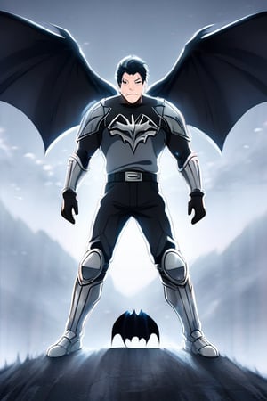 The animated version of Batman that belongs to the movie "Justice League x RWBY: Super Heroes & Huntsmen - Part 1" (He does have black hair, dark blue eyes, black pants, gray boots, gray metal knee pads, a gray breastplate with a black bat symbol on the front and underneath, a black long-sleeved t-shirt, black metal bat-shaped shoulder pads, gray armbands with 3 side blades on the sides, gloves blacks, a gray scarf, a gray utility belt and the age of 17), where Batman/Bruce Wayne is a "Bat Faunus" (Human being with two oversized black bat wings emerging from his back), in a landscape night with bats flying around.