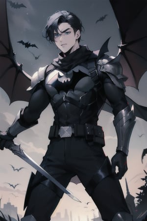 The animated version of Batman that belongs to the movie "Justice League x RWBY: Super Heroes & Huntsmen - Part 1" (He has black hair, dark blue eyes, black pants, gray boots with metal armor along them up to the knees, a gray breastplate with a black bat symbol on the chest and underneath, a black long-sleeved t-shirt, black metal bat-shaped shoulder pads, gray armbands with 3 side blades on the sides, black gloves, a gray scarf, a gray utility belt, 2 rapier type swords and the age of 17), where Batman/Bruce Wayne is a "Bat Faunus" (Human being with two huge black bat wings emerging from his back), in a landscape night with bats flying around.