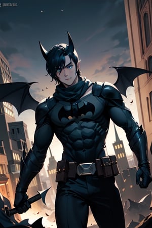 The animated version of Batman (Black hair, dark blue eyes, black pants, gray breastplate with a black bat symbol on the front side, bat-shaped shoulder pads, gray armbands with 3 blades on the sides, black gloves , gray scarf and a gray utility belt) which belongs to the movie "Justice League x RWBY: Super Heroes & Huntsmen - Part 1", where Batman is a "Bat Faun" (Human being with black bat wings emerging from his back), in a night background, on the roof of a cathedral.