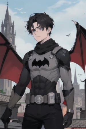 The animated version of Batman which belongs to the movie "Justice League x RWBY: Super Heroes & Huntsmen - Part 1" (No mask, black hair, dark blue eyes, black pants, gray overalls with a colored bat symbol black on the front side and below it, a black long-sleeved t-shirt, bat-shaped shoulder pads, gray bracelets with 3 blades on the sides, black gloves, a gray scarf, a gray utility belt and the age of 17 years ), where Batman is a "Bat Faun" (Human being with black bat wings emerging from his back), in a night background, on the roof of a cathedral.,1guy,1girl