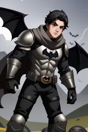 The animated version of Batman that belongs to the movie "Justice League x RWBY: Super Heroes & Huntsmen - Part 1" (He does have black hair, dark blue eyes, black pants, gray boots, gray metal knee pads, a gray breastplate with a black bat symbol on the front and underneath, a black long-sleeved t-shirt, black metal bat-shaped shoulder pads, gray armbands with 3 side blades on the sides, gloves blacks, a gray scarf, a gray utility belt and the age of 17), where Batman/Bruce Wayne is a "Bat Faunus" (Human being with two oversized black bat wings emerging from his back), in a landscape night.