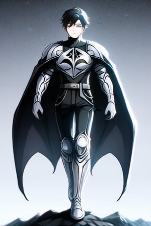 The animated version of Batman that belongs to the movie "Justice League x RWBY: Super Heroes & Huntsmen - Part 1" (He does have black hair, dark blue eyes, black pants, gray boots, gray metal knee pads, a gray breastplate with a black bat symbol on the front and underneath, a black long-sleeved t-shirt, black metal bat-shaped shoulder pads, gray armbands with 3 side blades on the sides, gloves blacks, a gray scarf, a gray utility belt and the age of 17), where Batman/Bruce Wayne is a "Bat Faunus" (Human being with two oversized black bat wings emerging from his back), in a landscape night with bats flying around.