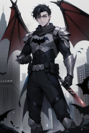 The animated version of Batman that belongs to the movie "Justice League x RWBY: Super Heroes & Huntsmen - Part 1" (He has black hair, dark blue eyes, black pants, gray boots with metal armor along them up to the knees, a gray breastplate with a black bat symbol on the chest and underneath, a black long-sleeved t-shirt, black metal bat-shaped shoulder pads, gray armbands with 3 side blades on the sides, black gloves, a gray scarf, a gray utility belt, 2 rapier type swords and the age of 17), where Batman/Bruce Wayne is a "Bat Faunus" (Human being with two huge black bat wings emerging from his back), in a landscape night with bats flying around.