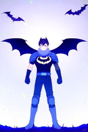 The animated version of Batman that belongs to the movie "Justice League x RWBY: Super Heroes & Huntsmen - Part 1" (He does have black hair, dark blue eyes, black pants, gray boots, gray metal knee pads, a gray breastplate with a black bat symbol on the front and underneath, a black long-sleeved t-shirt, black metal bat-shaped shoulder pads, gray armbands with 3 side blades on the sides, gloves blacks, a gray scarf, a gray utility belt and the age of 17), where Batman/Bruce Wayne is a "Bat Faunus" (Human being with two oversized black bat wings emerging from his back), in a landscape night.