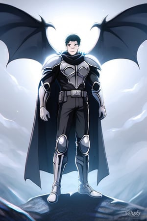 The animated version of Batman that belongs to the movie "Justice League x RWBY: Super Heroes & Huntsmen - Part 1" (He does have black hair, dark blue eyes, black pants, gray boots, gray metal knee pads, a gray breastplate with a black bat symbol on the front and underneath, a black long-sleeved t-shirt, black metal bat-shaped shoulder pads, gray armbands with 3 side blades on the sides, gloves blacks, a gray scarf, a gray utility belt and the age of 17), where Batman/Bruce Wayne is a "Bat Faunus" (Human being with two oversized black bat wings emerging from his back), in a landscape night with bats flying around.