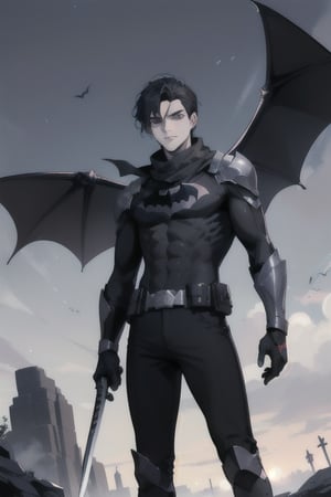 The animated version of Batman that belongs to the movie "Justice League x RWBY: Super Heroes & Huntsmen - Part 1" (He has black hair, dark blue eyes, black pants, gray boots with metal armor along them up to the knees, a gray breastplate with a black bat symbol on the chest and underneath, a black long-sleeved t-shirt, black metal bat-shaped shoulder pads, gray armbands with 3 side blades on the sides, black gloves, a gray scarf, a gray utility belt, 2 rapier type swords and the age of 17), where Batman/Bruce Wayne is a "Bat Faunus" (Human being with two huge black bat wings emerging from his back), in a landscape night with bats flying around.