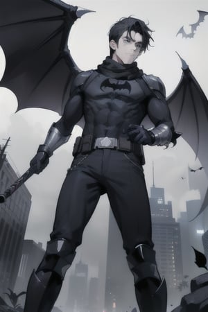 The animated version of Batman that belongs to the movie "Justice League x RWBY: Super Heroes & Huntsmen - Part 1" (He has black hair, dark blue eyes, black pants, gray boots with metal armor along them up to the knees, a gray breastplate with a black bat symbol on the chest and underneath, a black long-sleeved t-shirt, black metal bat-shaped shoulder pads, gray armbands with 3 side blades on the sides, black gloves, a gray scarf, a gray utility belt, 2 rapier type swords and the age of 17), where Batman/Bruce Wayne is a "Bat Faunus" (Human being with two huge black bat wings emerging from his back), in a landscape night with bats flying around.