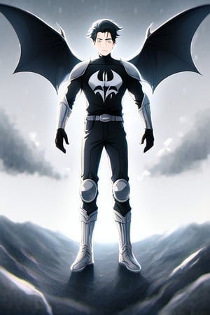 The animated version of Batman that belongs to the movie "Justice League x RWBY: Super Heroes & Huntsmen - Part 1" (He does have black hair, dark blue eyes, black pants, gray boots, gray metal knee pads, a gray breastplate with a black bat symbol on the front and underneath, a black long-sleeved t-shirt, black metal bat-shaped shoulder pads, gray armbands with 3 side blades on the sides, gloves blacks, a gray scarf, a gray utility belt and the age of 17), where Batman/Bruce Wayne is a "Bat Faunus" (Human being with two oversized black bat wings emerging from his back), in a landscape night with bats flying around.