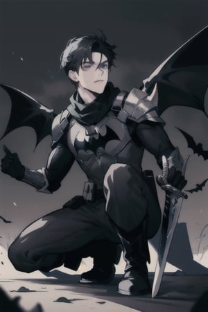 The animated version of Batman that belongs to the movie "Justice League x RWBY: Super Heroes & Huntsmen - Part 1" (He has black hair, dark blue eyes, black pants, gray boots with metal armor along them up to the knees, a gray breastplate with a black bat symbol on the chest and underneath, a black long-sleeved t-shirt, black metal bat-shaped shoulder pads, gray armbands with 3 side blades on the sides, black gloves, a gray scarf, a gray utility belt, 2 rapier type swords and the age of 17), where Batman/Bruce Wayne is a "Bat Faunus" (Human being with two huge black bat wings emerging from his back), in a landscape night with bats flying around.,green theme